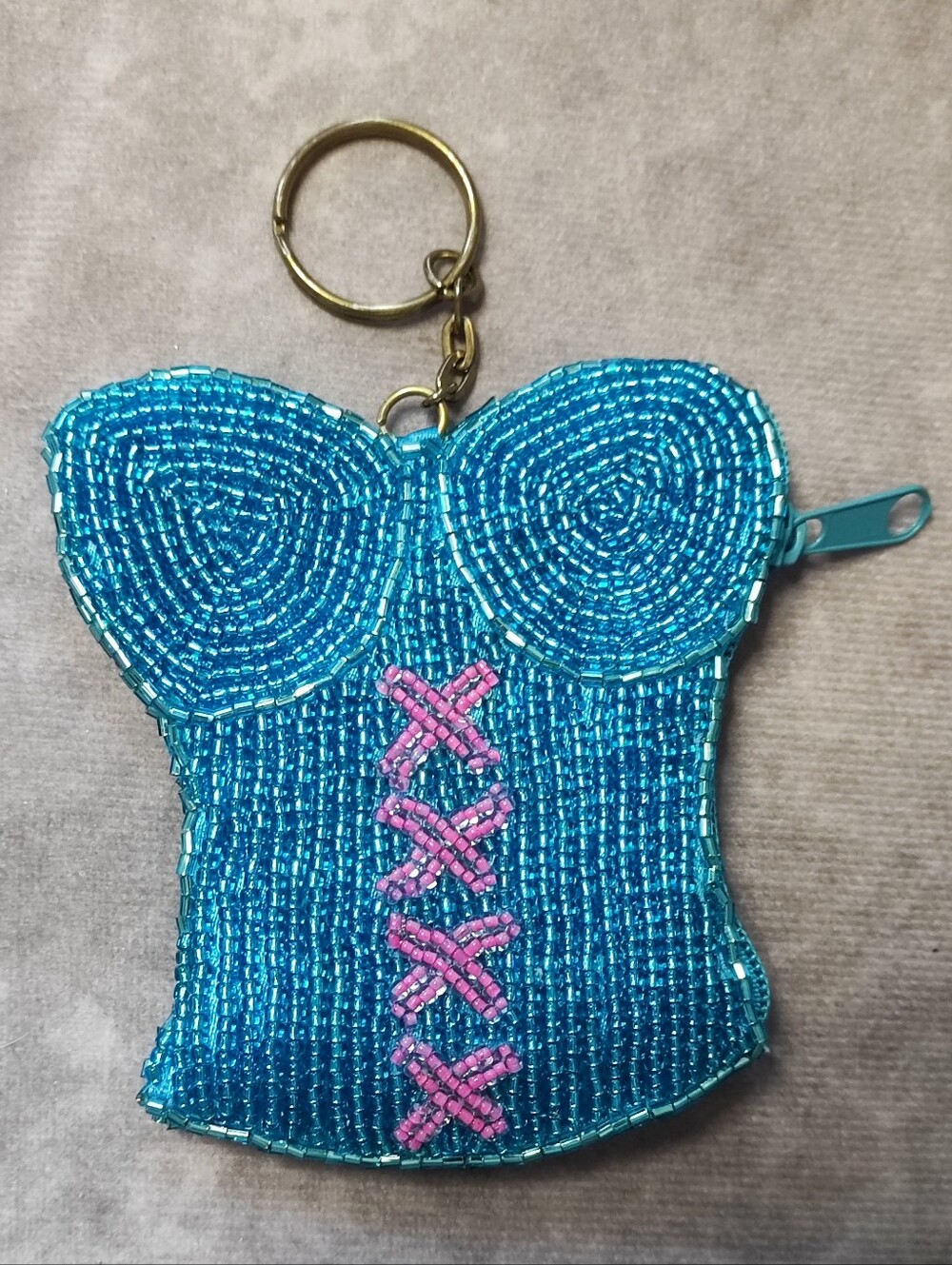 Vibrant Dark Aqua Blue Pink Seed Bead Bustiere Corset Coin Purse Keychain NEW